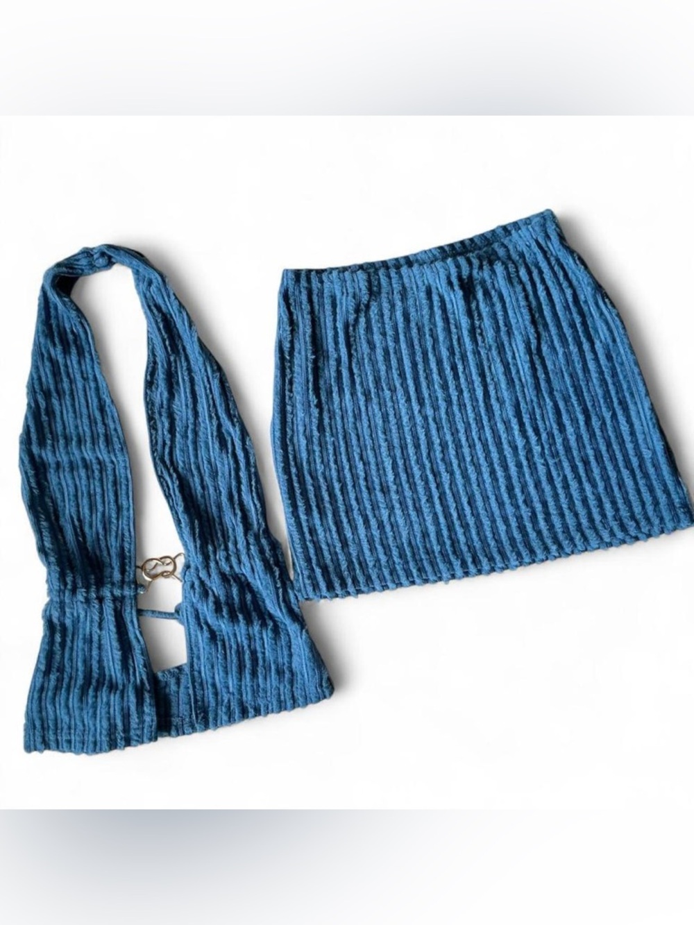 Blue Ribbed Skirt & Halter Set